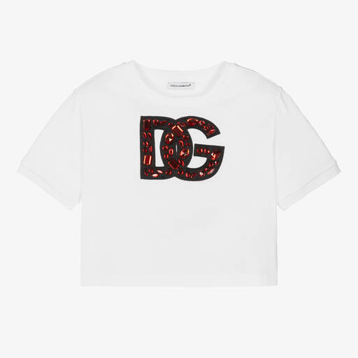 Dolce & Gabbana-T-shirt blanc strassé en coton DG | Childrensalon