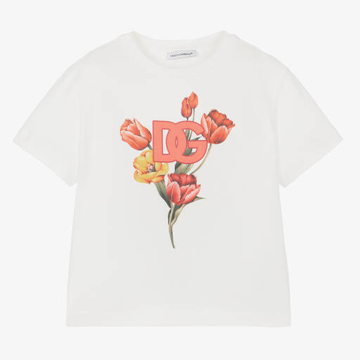 Dolce & Gabbana-Girls White Cotton DG Tulip T-Shirt | Childrensalon