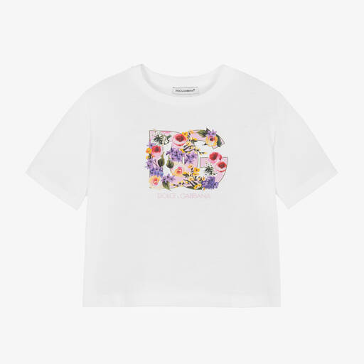 Dolce & Gabbana-Girls White Cotton Floral T-Shirt | Childrensalon