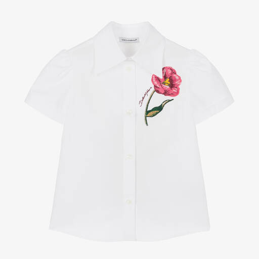 Dolce & Gabbana-Girls White Cotton Flower Blouse | Childrensalon