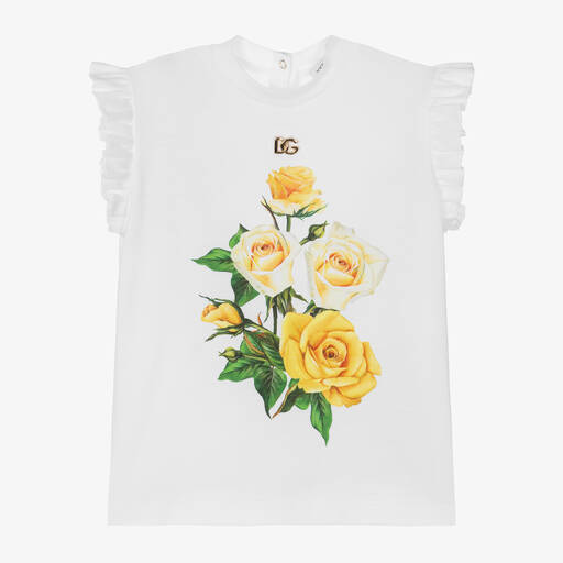 Dolce & Gabbana-Girls White Cotton Rose Print T-Shirt | Childrensalon