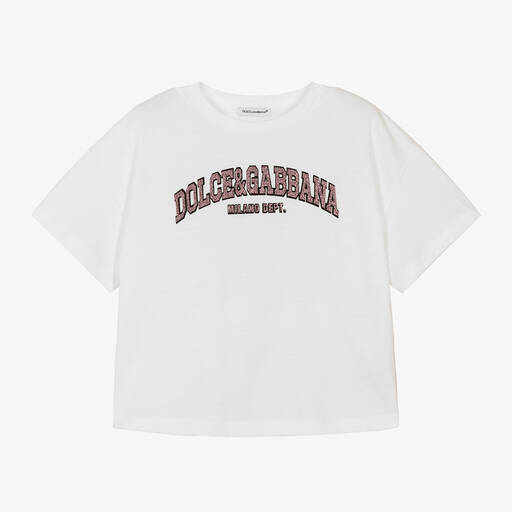 Dolce & Gabbana-Girls White Cotton T-Shirt | Childrensalon