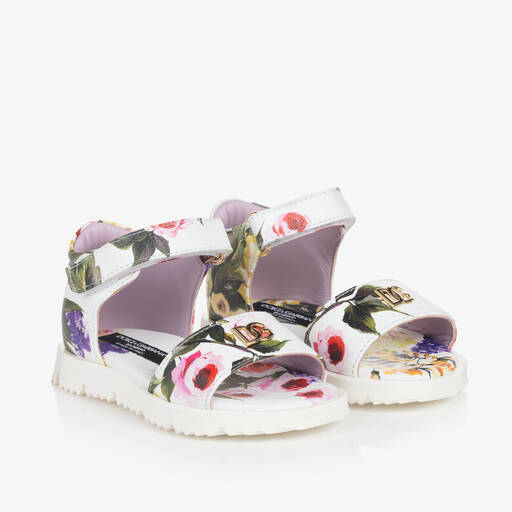 Dolce & Gabbana-Girls White Floral Leather Sandals | Childrensalon