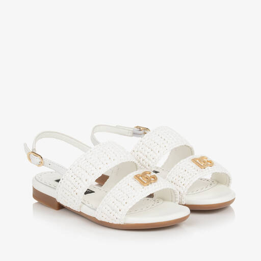 Dolce & Gabbana-Girls White Leather Crochet Sandals | Childrensalon