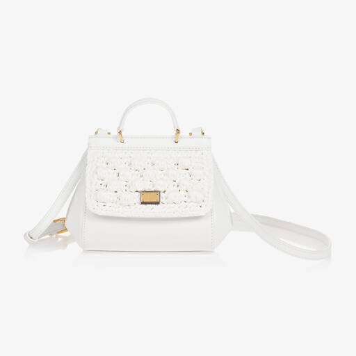 Dolce & Gabbana-Girls White Leather & Crochet Sicily Bag (14cm) | Childrensalon