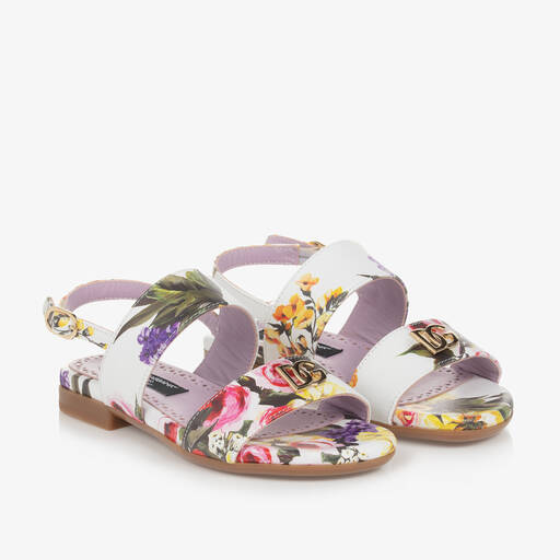 Dolce & Gabbana-Girls White & Lilac Floral Leather Sandals | Childrensalon