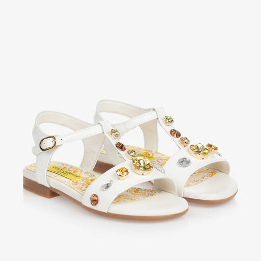 Dolce & Gabbana-Girls White Patent Leather & Crystal Sandals | Childrensalon