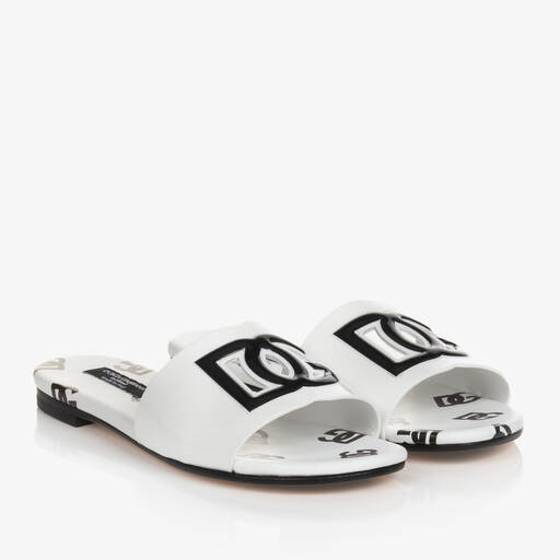 Dolce & Gabbana-Girls White Patent Leather DG Sliders | Childrensalon