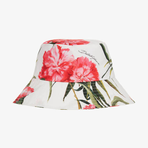 Dolce & Gabbana-Girls White & Pink Carnation Bucket Hat | Childrensalon