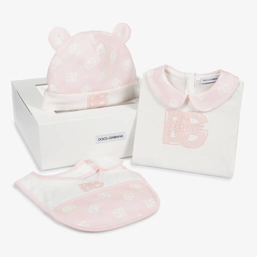 Dolce & Gabbana-Girls White & Pink Cotton DG Babysuit Set | Childrensalon