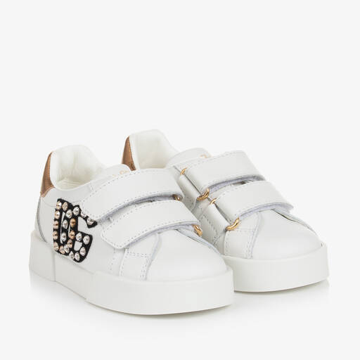 Dolce & Gabbana- حذاء رياضي DG جلد لون أبيض للبنات | Childrensalon