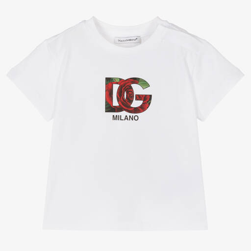Dolce & Gabbana-Baumwoll-T-Shirt mit Rosen-DG Weiß | Childrensalon
