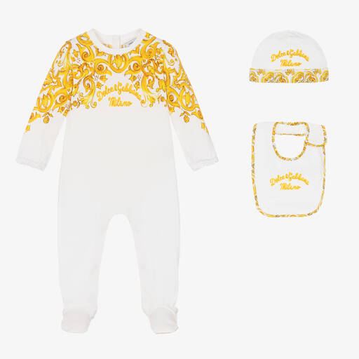 Dolce & Gabbana- طقم أفرول قطن لون أصفر وأبيض للمولودات | Childrensalon