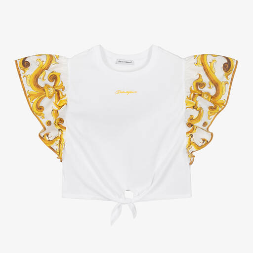Dolce & Gabbana-Girls White & Yellow Majolica Tie Blouse | Childrensalon