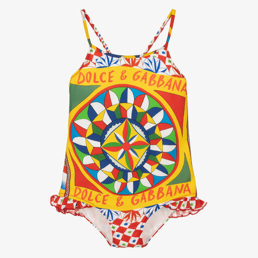 Dolce & Gabbana-Girls Yellow Carretto Print Swimsuit | Childrensalon