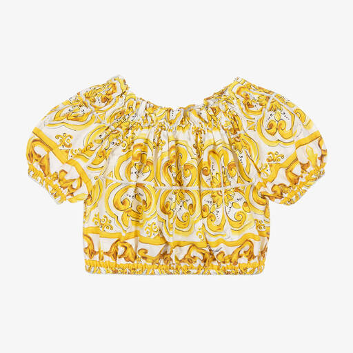 Dolce & Gabbana-Girls Yellow Majolica Cotton Blouse | Childrensalon