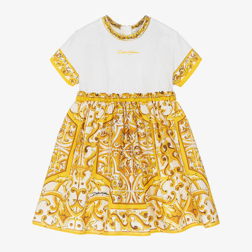 Dolce & Gabbana-Girls Yellow Majolica Cotton Dress | Childrensalon