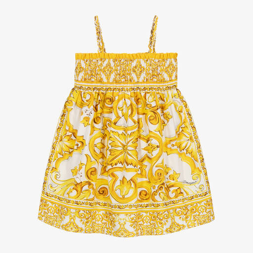 Dolce & Gabbana-Girls Yellow Majolica Cotton Dress | Childrensalon