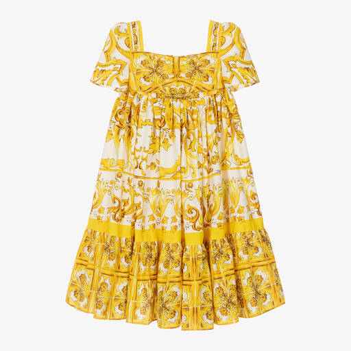 Dolce & Gabbana-Girls Yellow Majolica Cotton Dress | Childrensalon