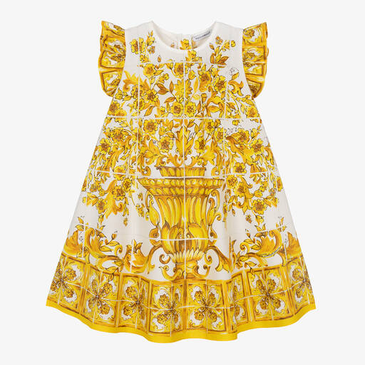 Dolce & Gabbana-Robe en coton imprimé majoliques jaune fille | Childrensalon