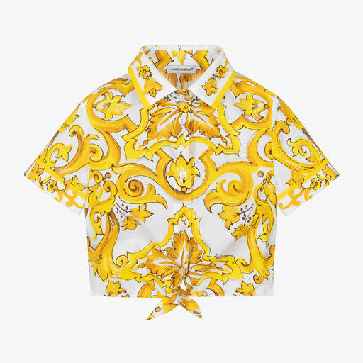 Dolce & Gabbana-قميص بطبعة ماجوليكا قطن لون أصفر للبنات | Childrensalon