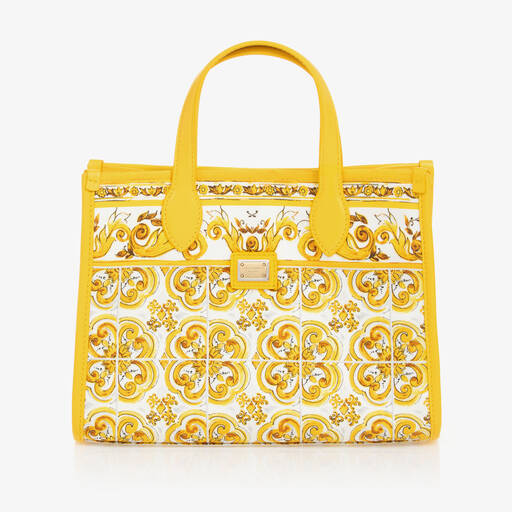 Dolce & Gabbana-حقيبة يد بطبعة ماجوليكا لون أصفر للبنات (25 سم) | Childrensalon