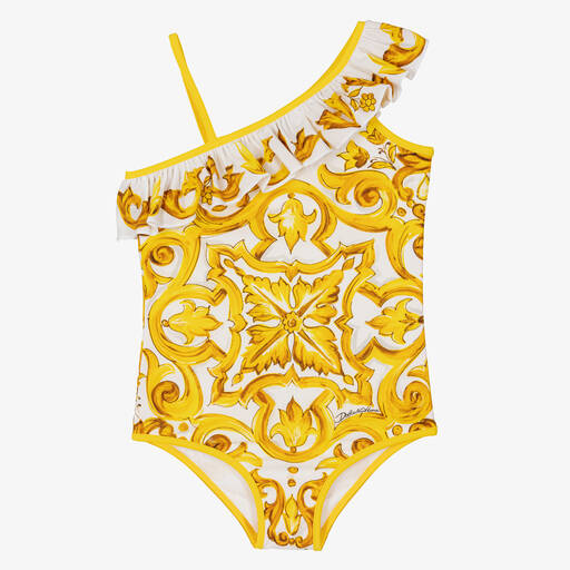 Dolce & Gabbana- Желтый купальник с принтом Majolica для девочек  | Childrensalon