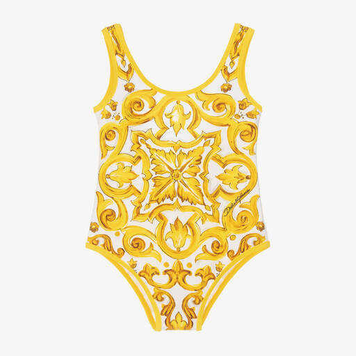 Dolce & Gabbana-Girls Yellow Majolica Swimsuit | Childrensalon