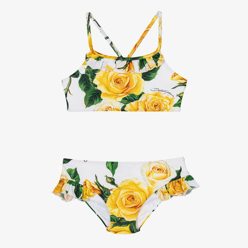Dolce & Gabbana-Girls Yellow Rose Print Bikini | Childrensalon