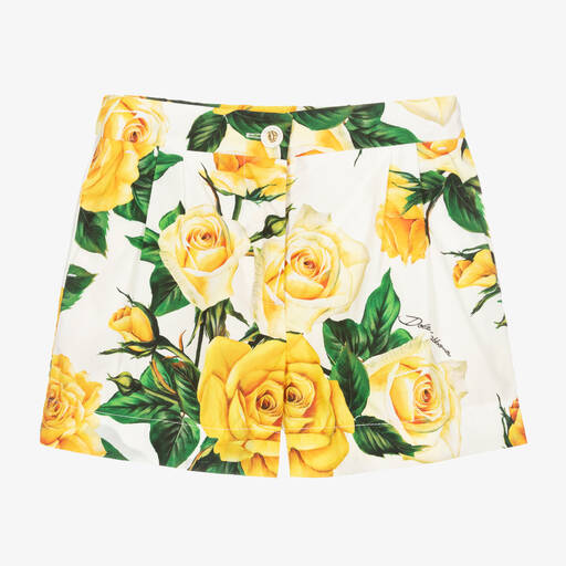 Dolce & Gabbana-Girls Yellow Rose Print Cotton Shorts | Childrensalon