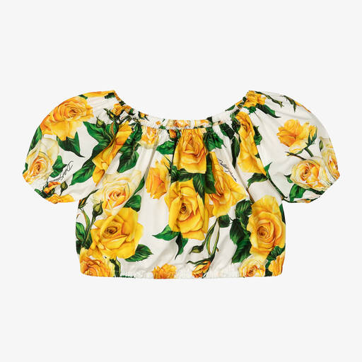Dolce & Gabbana-Girls Yellow Roses Cotton Blouse | Childrensalon