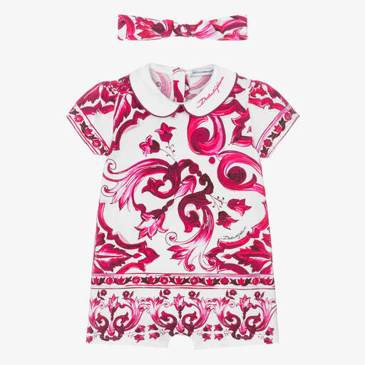 Dolce & Gabbana-Pink Majolica Cotton Baby Shortie Set | Childrensalon