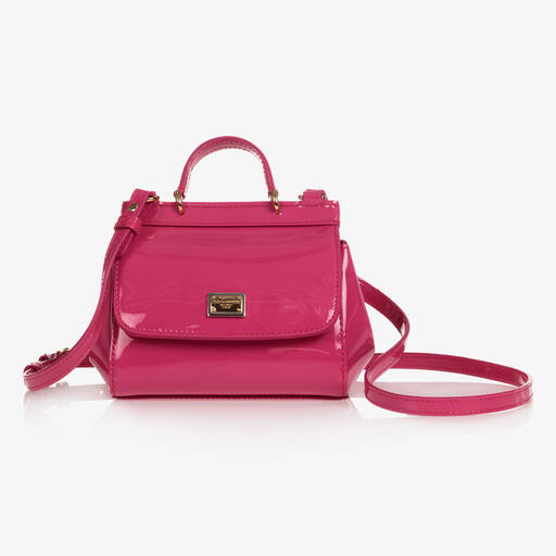 Dolce & Gabbana-حقيبة جلد لامع لون زهري فيوشيا للبنات (14 سم) | Childrensalon