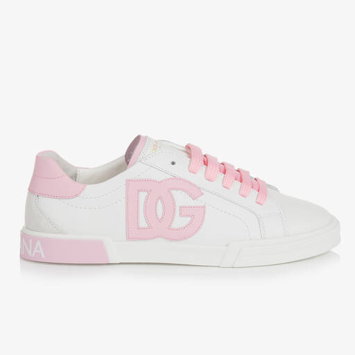 Dolce & Gabbana-Pink & White Leather DG Trainers | Childrensalon
