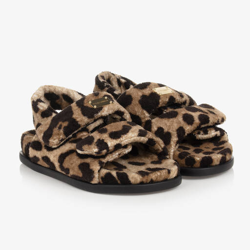 Dolce & Gabbana-Teen Beige Leopard Towelling Sandals | Childrensalon