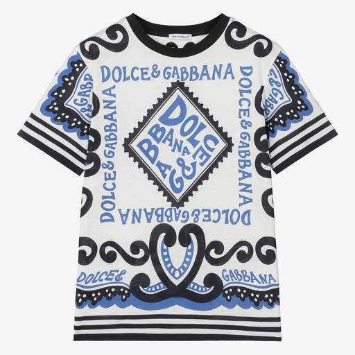 Dolce & Gabbana-Белая хлопковая футболка с принтом Marina для мальчиков-подростков | Childrensalon