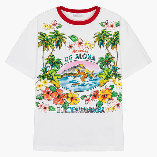 Dolce & Gabbana-Teen Boys White Hawaiian Cotton T-Shirt | Childrensalon