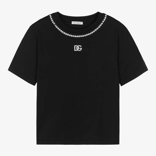 Dolce & Gabbana-Teen Girls Black Cotton DG Rhinestone T-Shirt | Childrensalon
