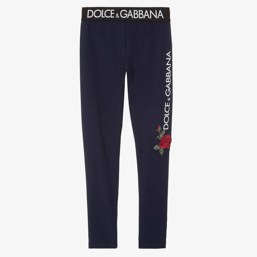 Dolce & Gabbana-Blaue Baumwoll-Leggings mit Rosen | Childrensalon
