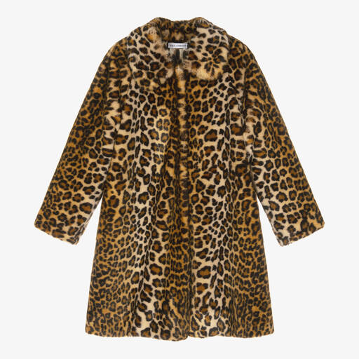 Dolce & Gabbana-Teen Girls Brown Leopard Faux Fur Coat | Childrensalon