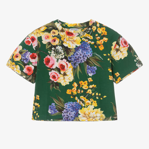 Dolce & Gabbana-T-shirt vert en coton à fleurs ado | Childrensalon