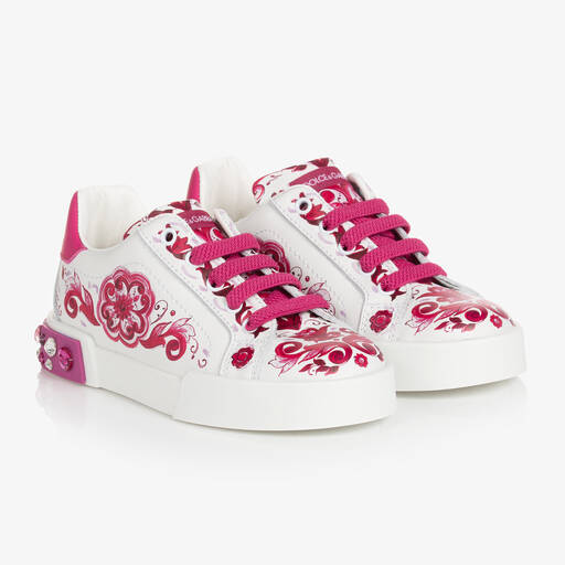 Dolce & Gabbana-Teen Girls Pink & White Leather Trainers | Childrensalon