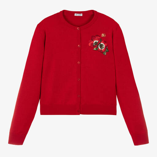 Dolce & Gabbana-Красный вязаный кардиган с маками для девочек-подростков | Childrensalon