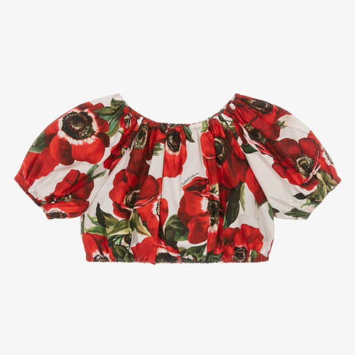 Dolce & Gabbana-Blouse en coton à coquelicots rouges | Childrensalon