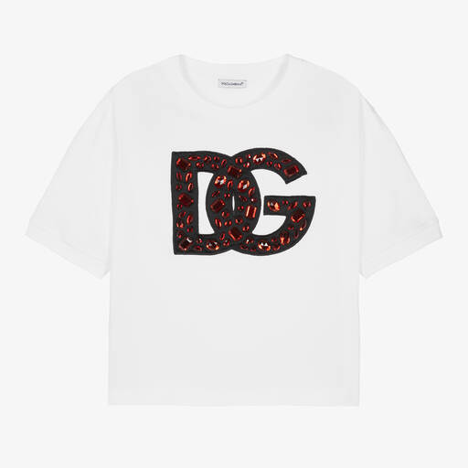 Dolce & Gabbana-Teen Girls White Cotton DG Rhinestone T-Shirt | Childrensalon