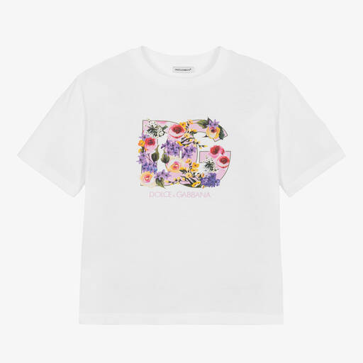 Dolce & Gabbana-Teen Girls White Cotton Floral T-Shirt | Childrensalon