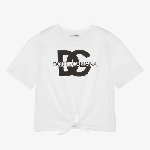 Dolce & Gabbana-Teen Girls White Tie Front Cotton T-Shirt | Childrensalon