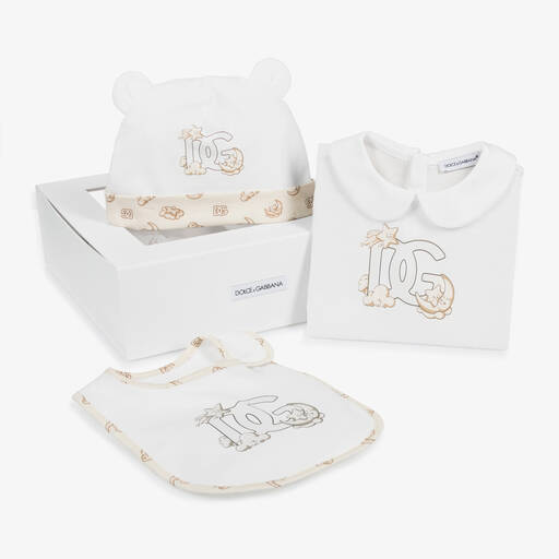 Dolce & Gabbana-White & Beige Cotton DG Babysuit Set | Childrensalon