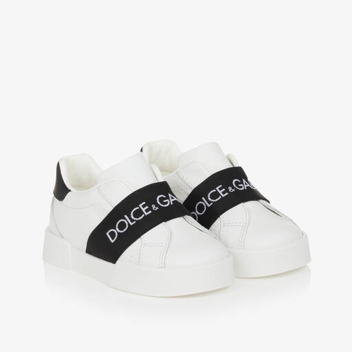 Dolce & Gabbana-White & Black Leather Slip-On Trainers | Childrensalon