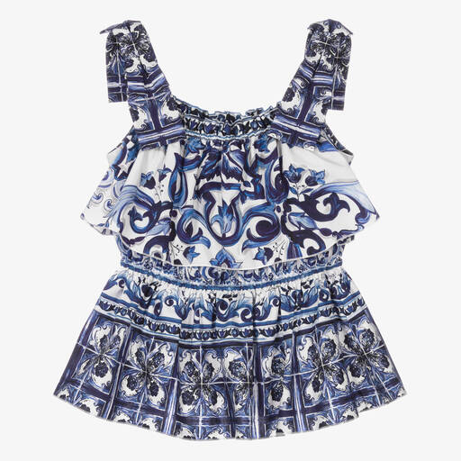 Dolce & Gabbana-Белая блузка с синим принтом Majolica | Childrensalon